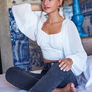 White Clip Dot Sheer Bishop Sleeve Crop Top